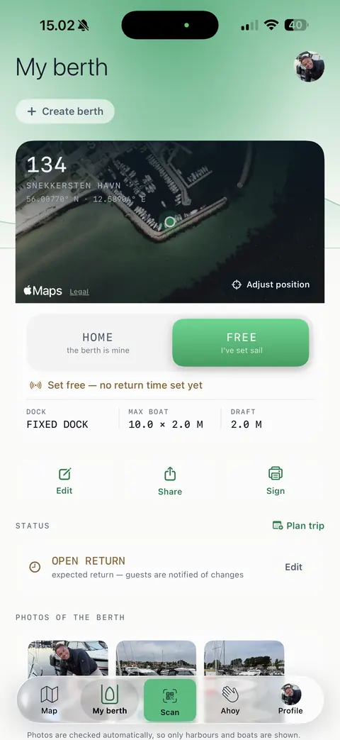 Screenshot of My berth set to FREE: the berth is green with the expected return time, and the dimensions below.