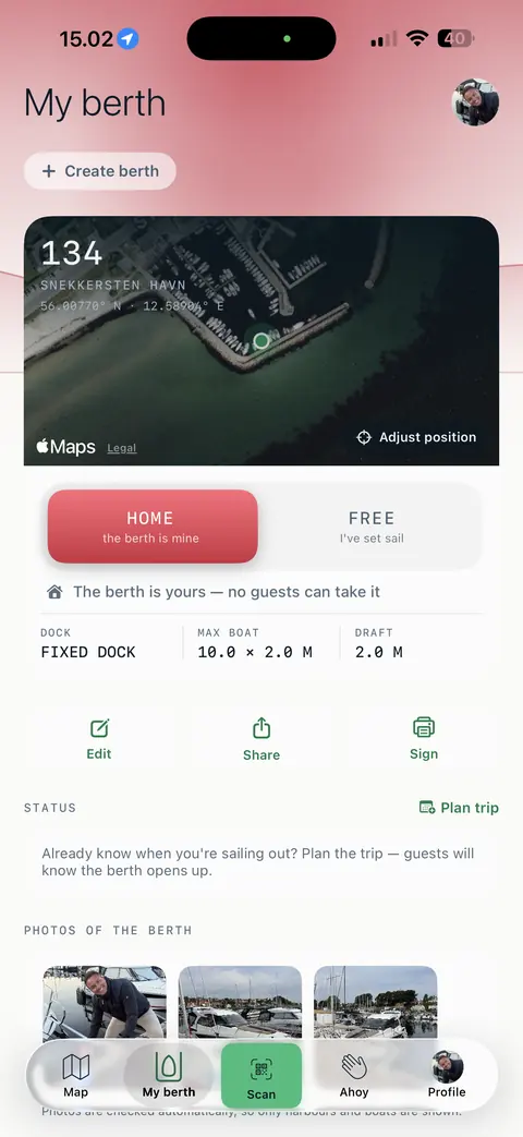 Screenshot of My berth set to HOME: the berth is red and belongs to its owner again.